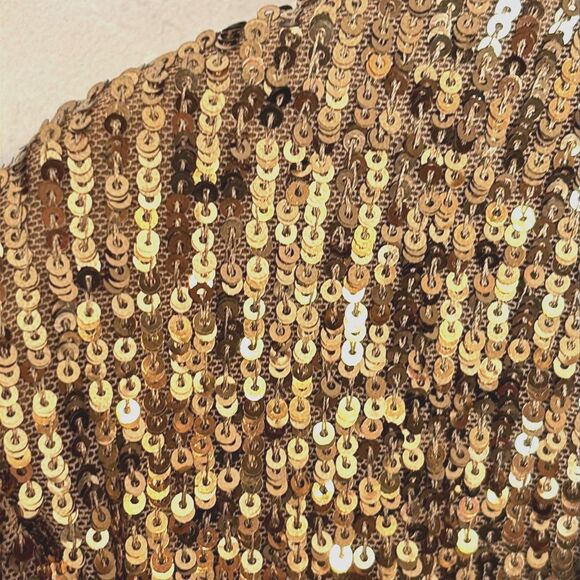 Cable & Gauge | Gold Sequin Puff Long Sleeve Mock neck Keyhole Blouse Shirt - Picture 5 of 16